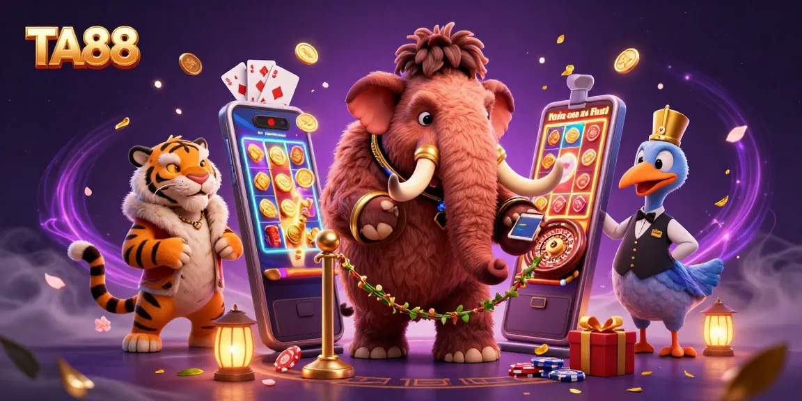 TA88 casino illustration with a mammoth bouncer and saber-tooth tiger VIP, showcasing exciting gaming elements.