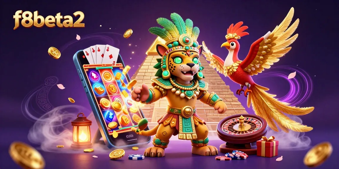 Engage in thrilling gameplay with f8beta2 showcasing a Mayan jaguar priest and vibrant casino elements.