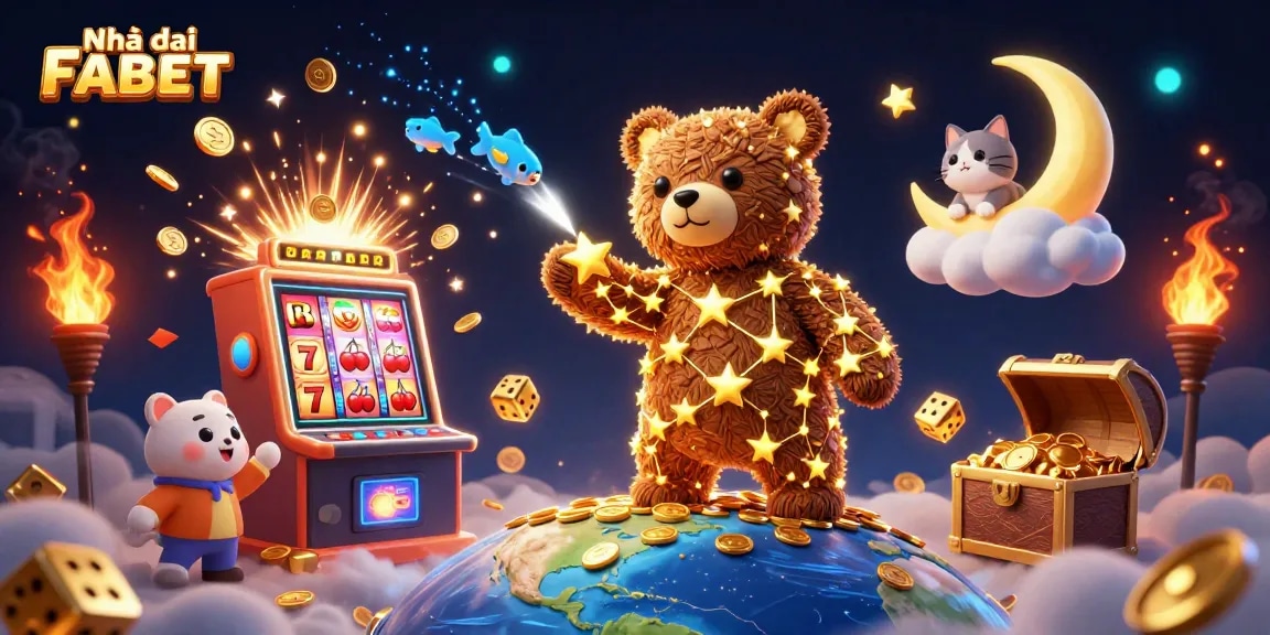 Engage with Nhà cái FABET in this vibrant scene featuring a constellation bear and dynamic casino elements.