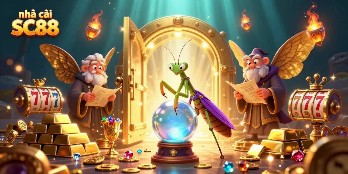 Engage with nhà cái SC88, featuring a mystical casino scene with vibrant elements and 3D characters.