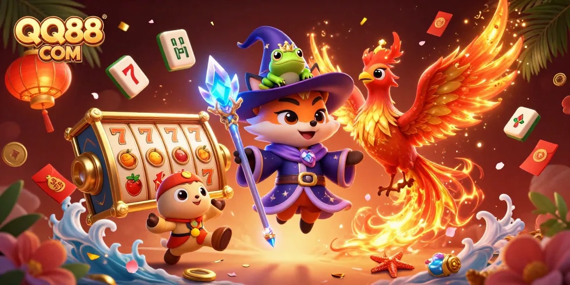 Experience thrilling wins at QQ88 COM with a magical wizard fox and fiery phoenix in this dynamic casino scene.