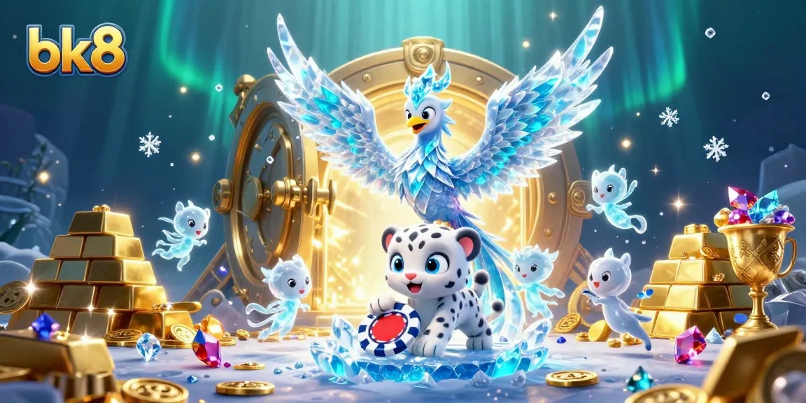Engage with bk8's thrilling casino experience featuring an ice phoenix among treasures and glowing sprites.