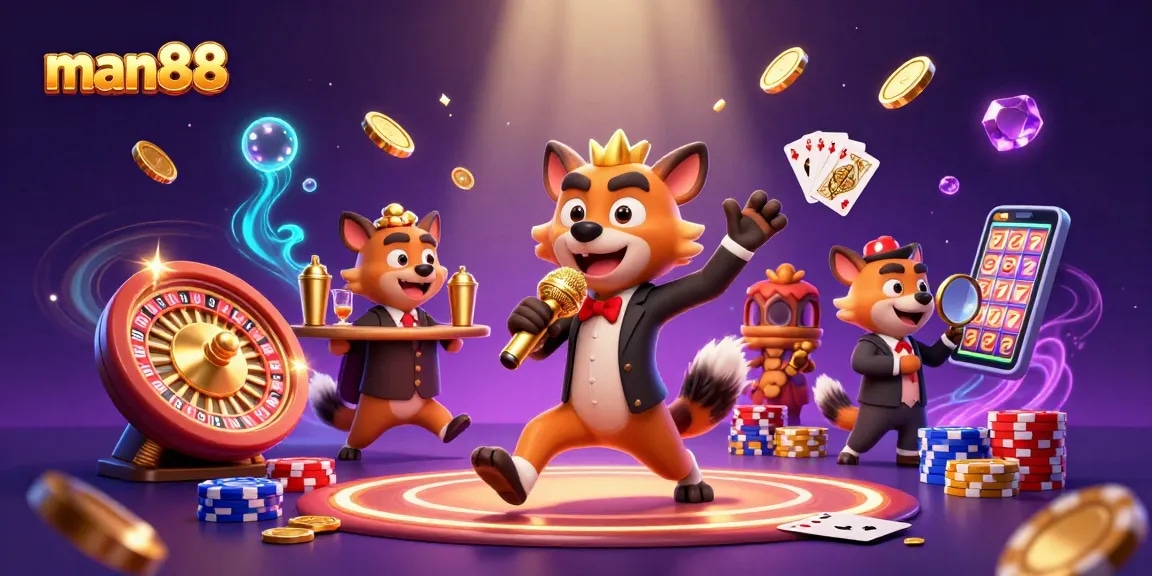 Experience fun at man88 with hyenas in a dynamic casino scene filled with gold coins and luxury elements.