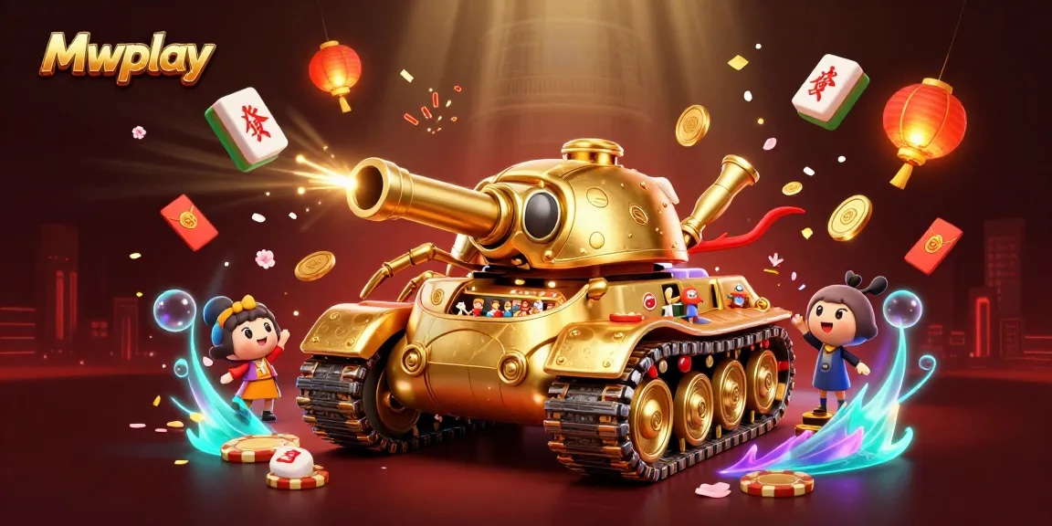 Mwplay's engaging casino scene showcases a golden beetle tank unveiling a miniature gaming experience.