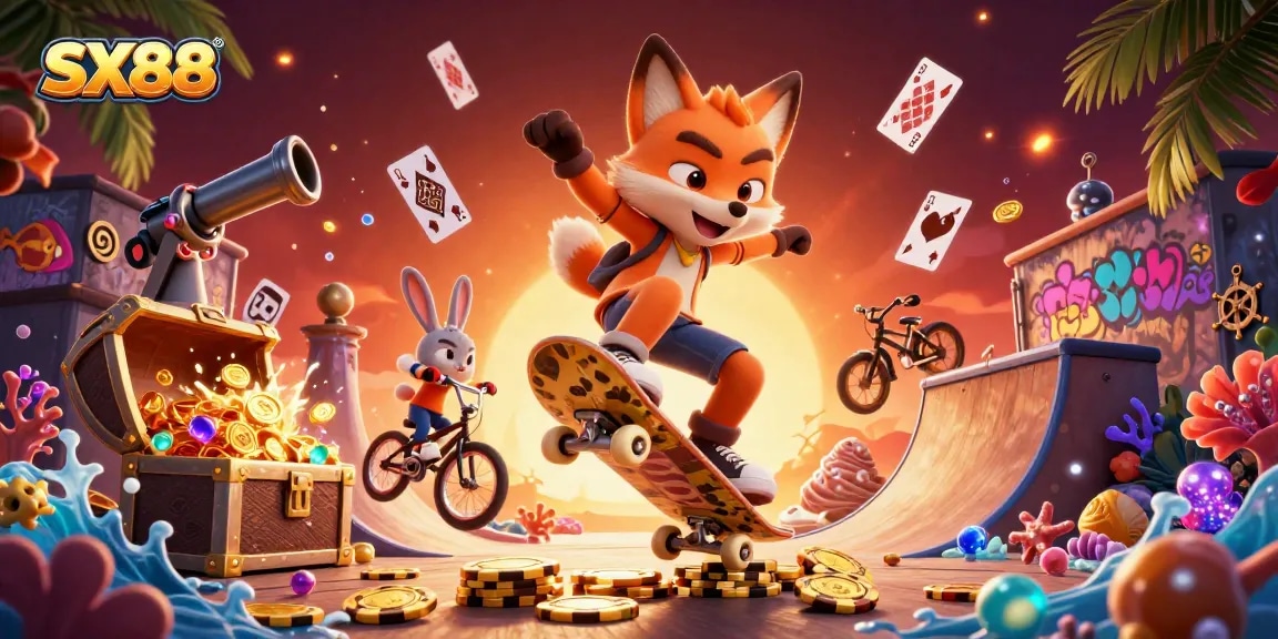 SX88 showcases a vibrant dynamic scene with a fox skating over poker chips, representing engagement in online gaming.