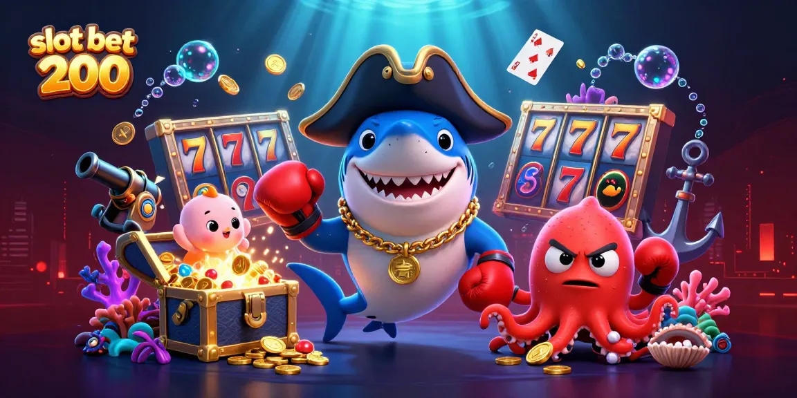Slot bet 200: Menang besar dengan karakter kartun kasino dalam ilustrasi yang berwarna-warni dan menarik.