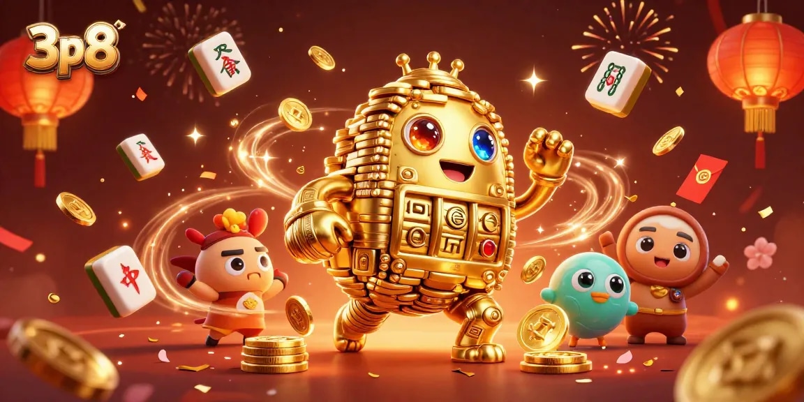 Engage with the vibrant 3p8-themed casino illustration showcasing a golden golem surrounded by festive elements.