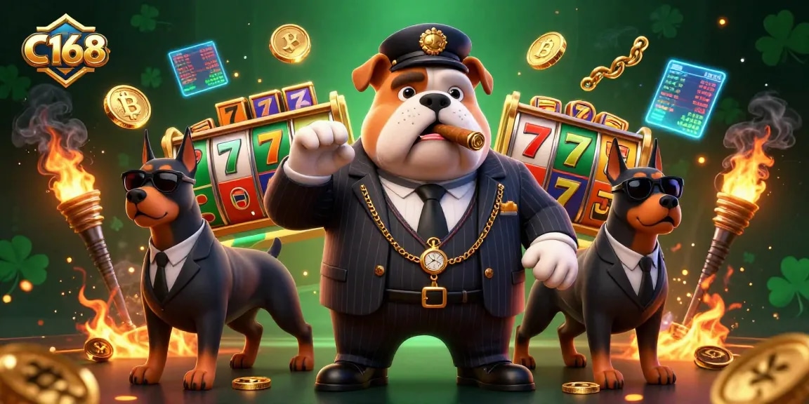 C168 casino banner showcasing a bulldog mafia boss and Doberman bodyguards amid dynamic slot game elements.