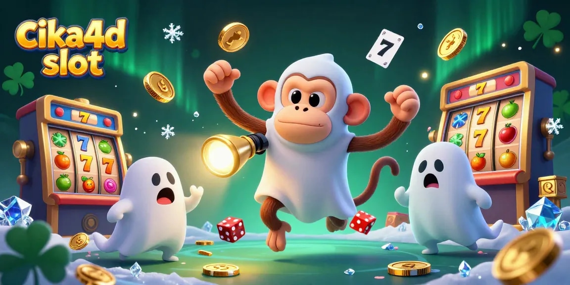 Experience thrilling cika4d slot action with a playful poltergeist monkey and a ghost-hunter puppy in a vibrant casino scene.