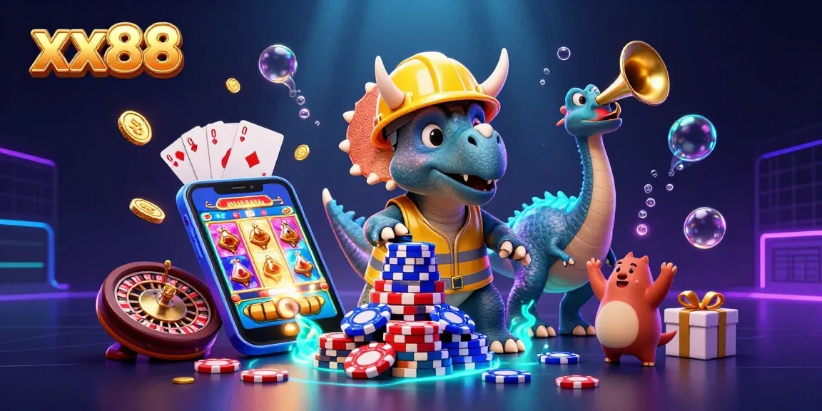 xx88 casino-themed illustration showcasing a triceratops building poker chips and celebrating with a parasaurolophus.