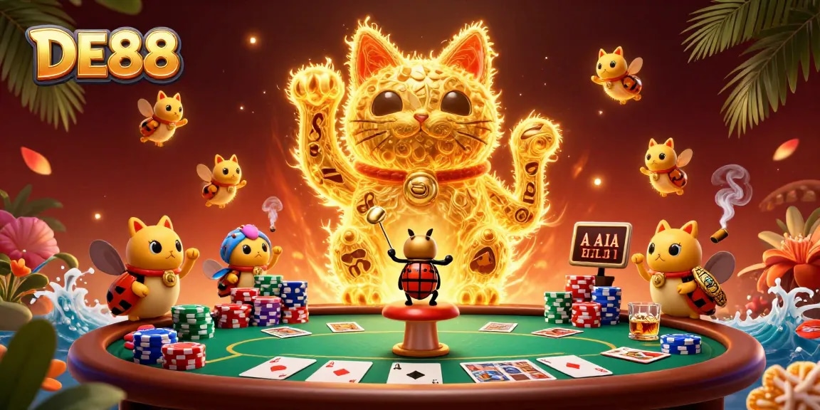 Experience the vibrant DE88 casino world with a dynamic lucky cat crafted from fireflies.
