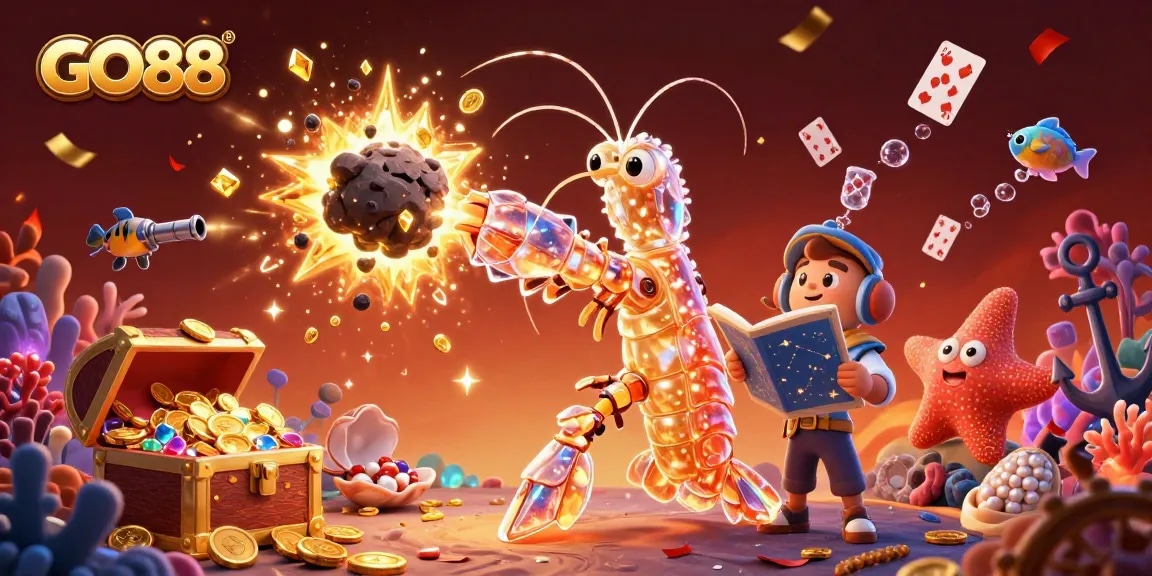 Engage with GO88's thrilling atmosphere as a galactic samurai mantis shrimp unveils treasures in a vibrant casino world.