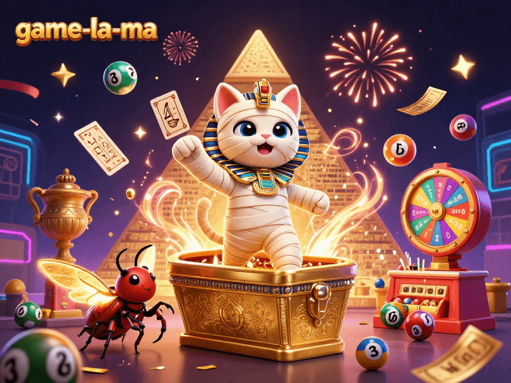 Engage with game-la-ma's thrilling lottery scene featuring lively characters and dynamic gaming elements.