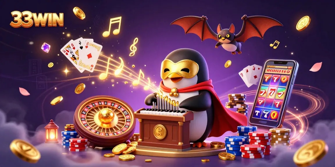 Experience excitement at 33WIN with a colorful casino scene showcasing coins and game elements.