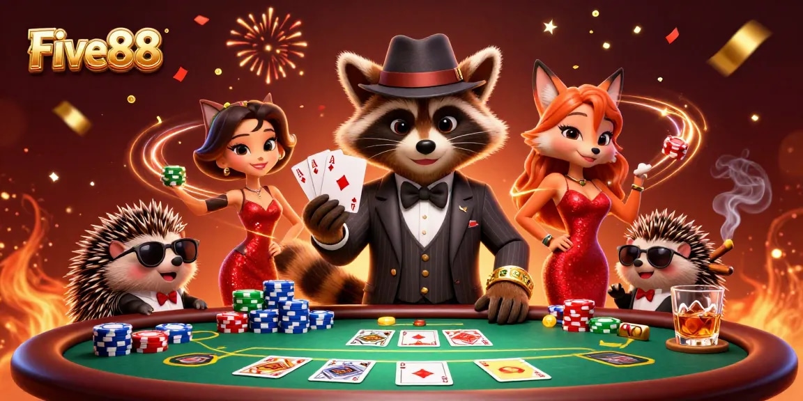 Engage in thrilling poker moments with Five88's raccoon, fox, and hedgehog characters in a vibrant casino scene.