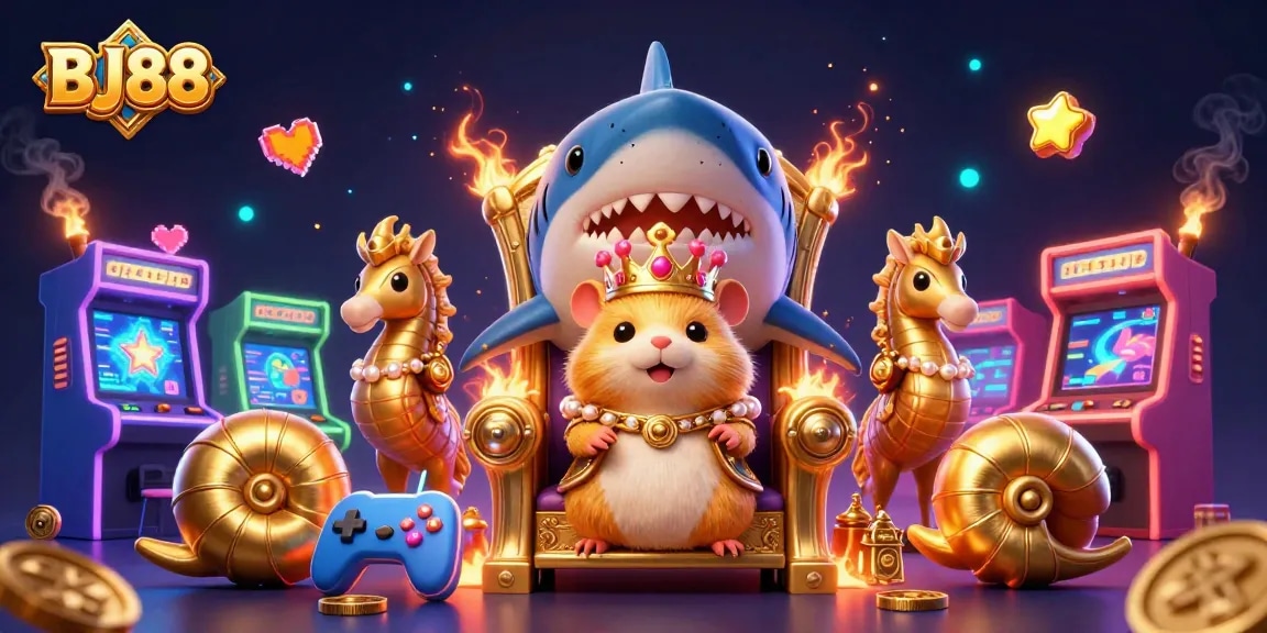 Engage in thrilling gameplay at BJ88 featuring a golden hamster king and vibrant casino elements.