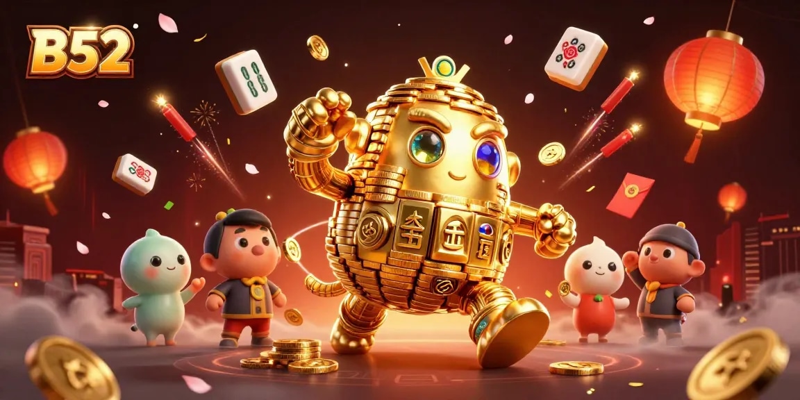 Engage with the thrilling B52 online casino experience, showcasing a vibrant 3D golden golem amidst dynamic gambling elements.