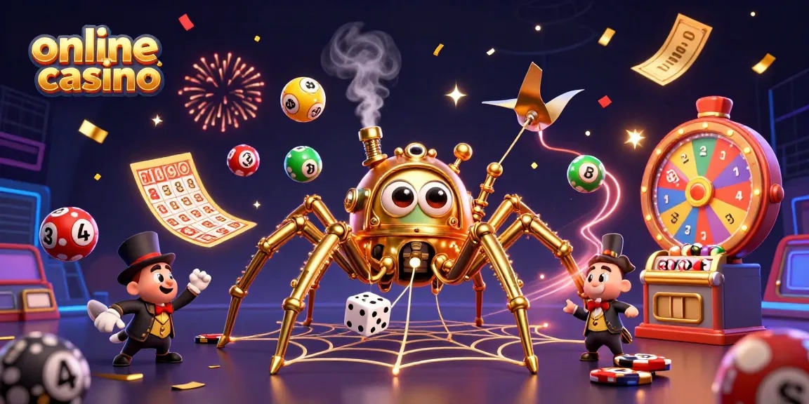 Engage with the vibrant world of online casino, showcasing a steampunk spider and lottery elements.