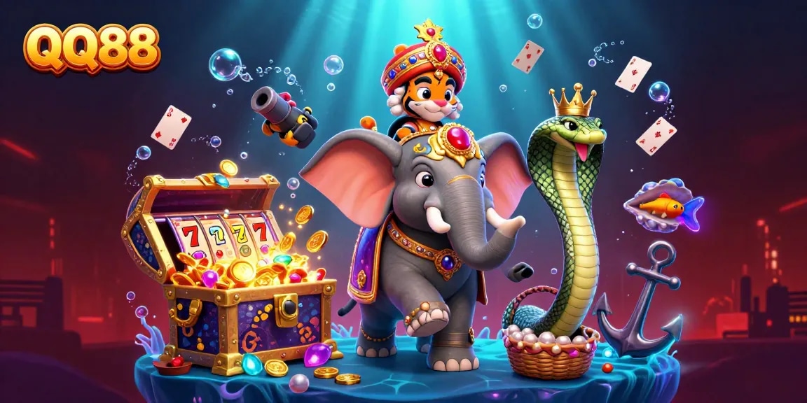 Experience exciting slots and games at QQ88, featuring a colorful casino-themed underwater scene.