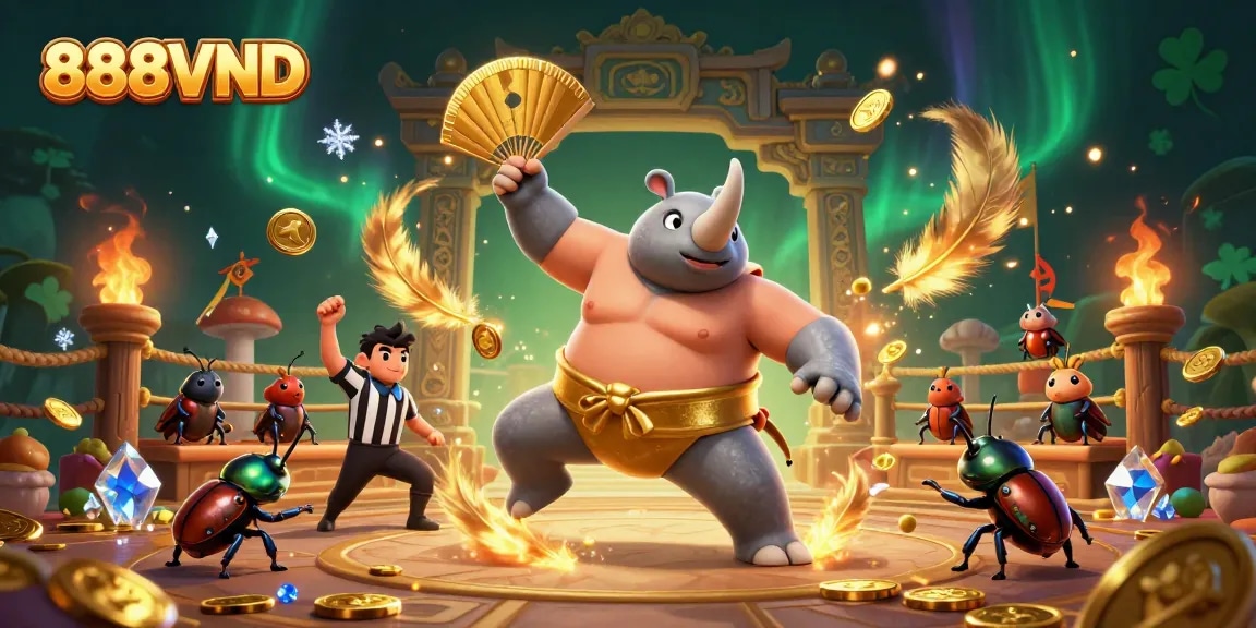 Experience thrilling sports betting with 888VND as a beetle sumo champion stomps coins and fans cheer.