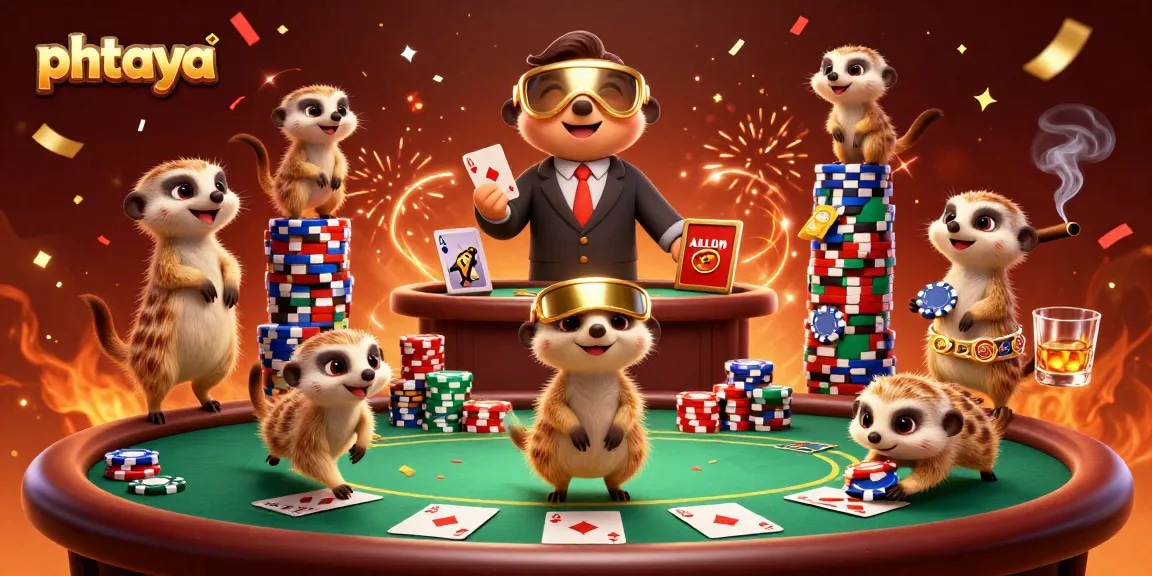Experience the excitement of phtaya with lively meerkats at a dynamic casino, surrounded by colorful poker elements.