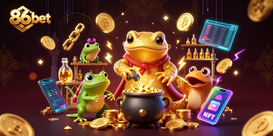 Engage in thrilling gameplay at 86 bet with vibrant casino scenes featuring gold elements and crypto coins.