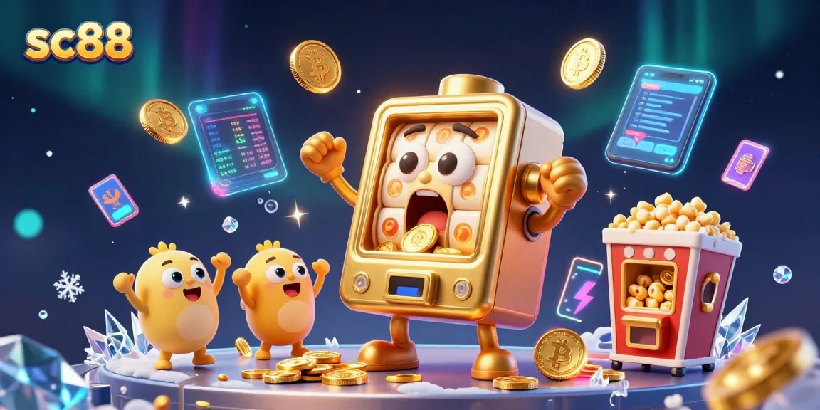 sc88 slot machine winning jackpot with cheering machines and crypto elements