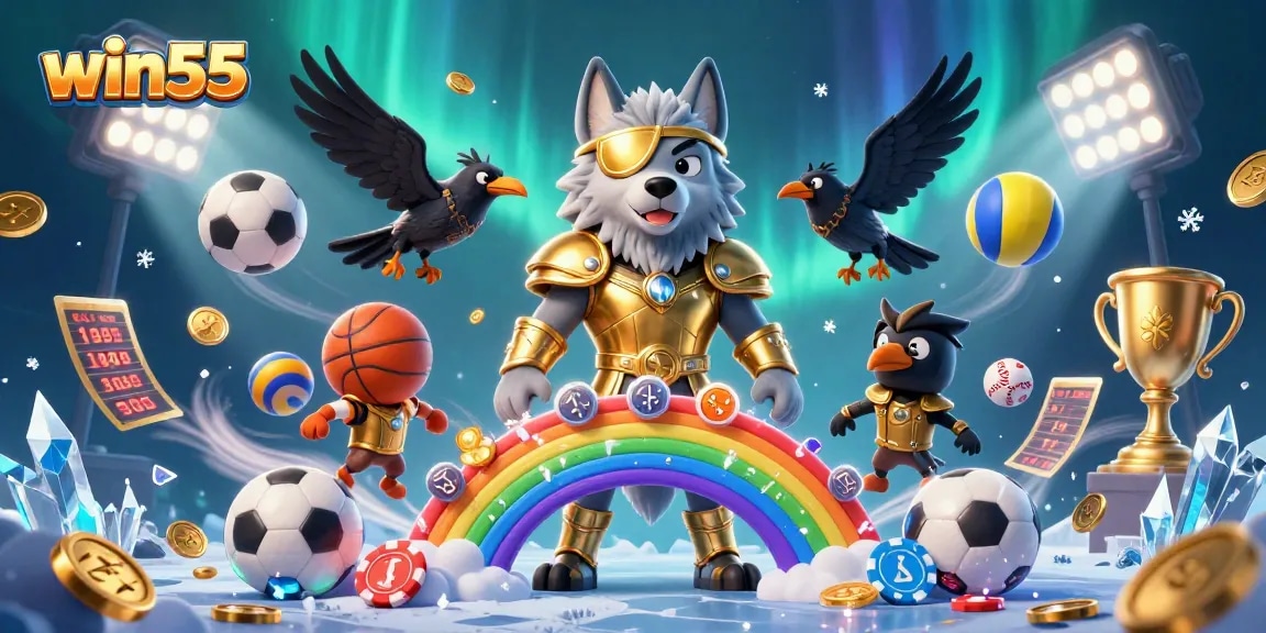 Win55 offers thrilling gaming experiences with an Odin wolf and ravens amid vibrant casino elements.