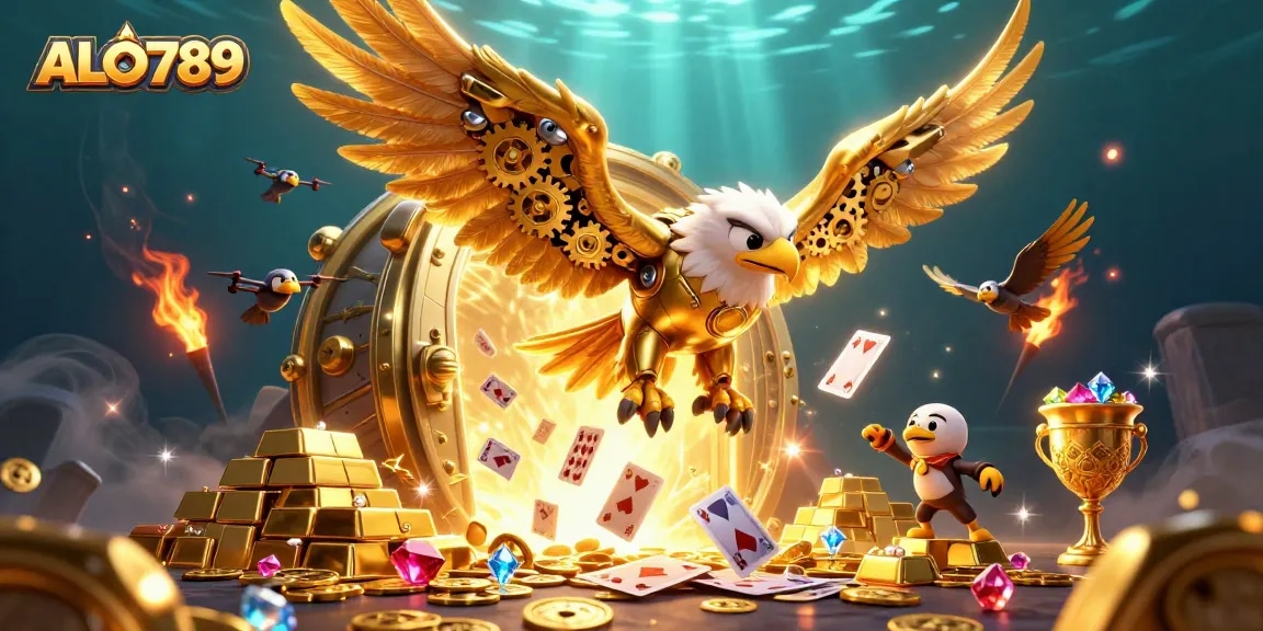 Engage with ALO789's vibrant casino world featuring a golden eagle amidst cascading cards.