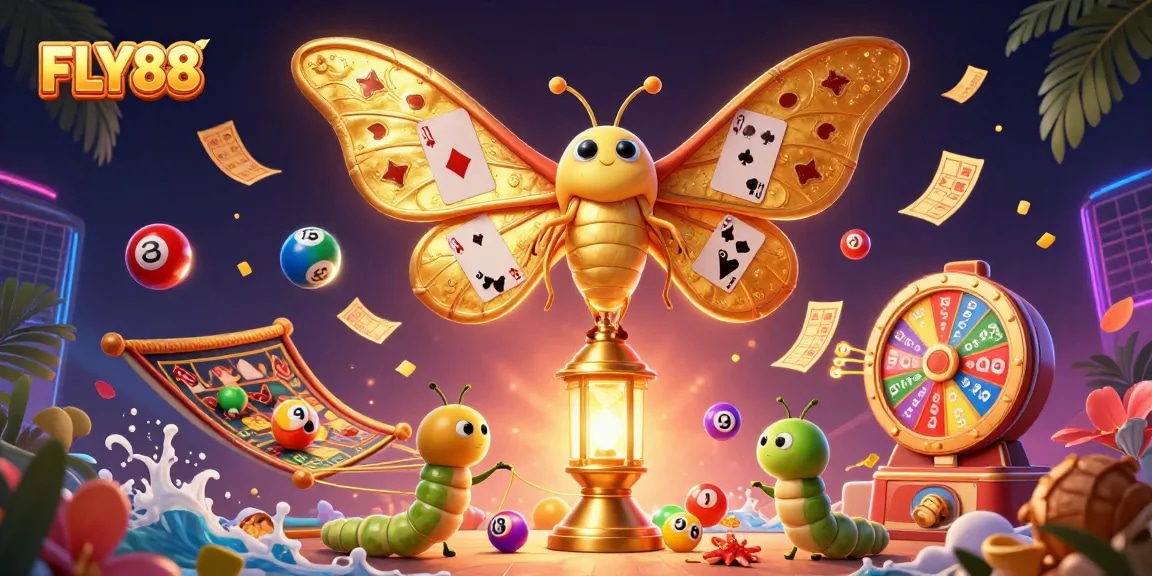 Experience the vibrant FLY88 gaming world with colorful lottery balls and engaging casino elements in an energetic scene.