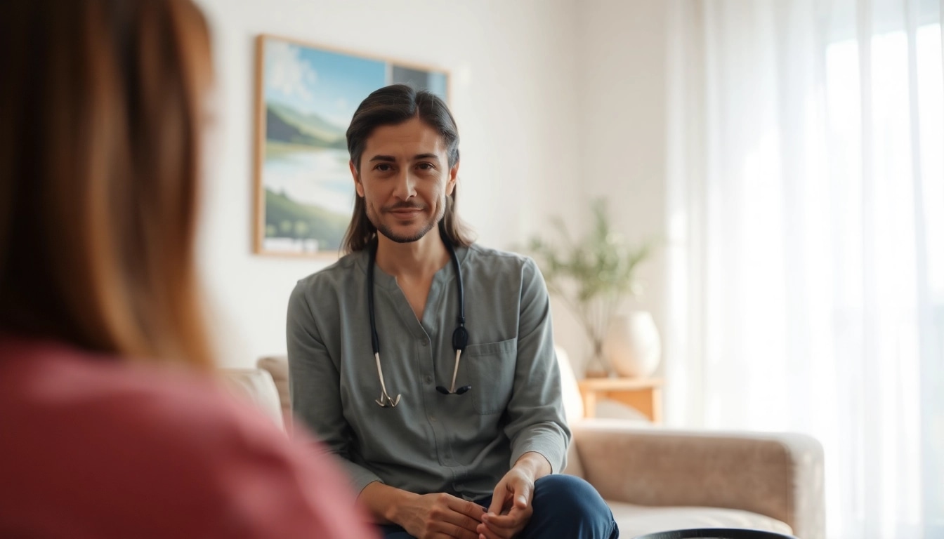 Reinkarnationstherapie: Therapeut leitet entspannende Sitzung im harmonischen Raum.