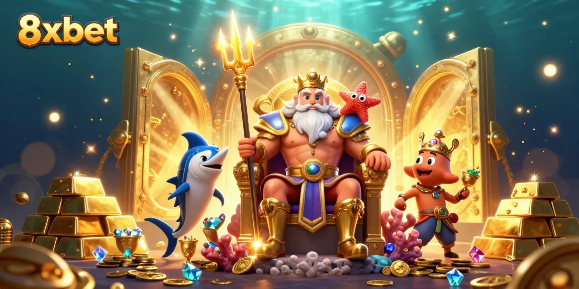 Experience the excitement at 8xbet with vibrant 3D underwater casino scene filled with treasures and characters.