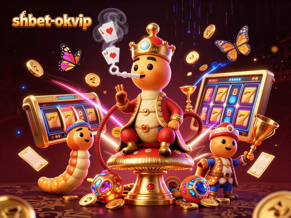 Engage with the vibrant world of shbet-okvip through a whimsical 3D illustration showcasing dynamic slot symbols and a magical atmosphere.