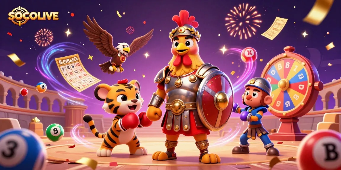 SOCOLIVE showcases a dynamic gambling scene with 3D gladiator rooster and vibrant lottery elements.