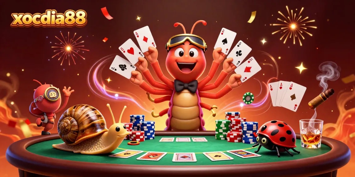 Exciting scene of the xocdia88 casino with a unique dealer, showcasing vibrant games and high stakes.