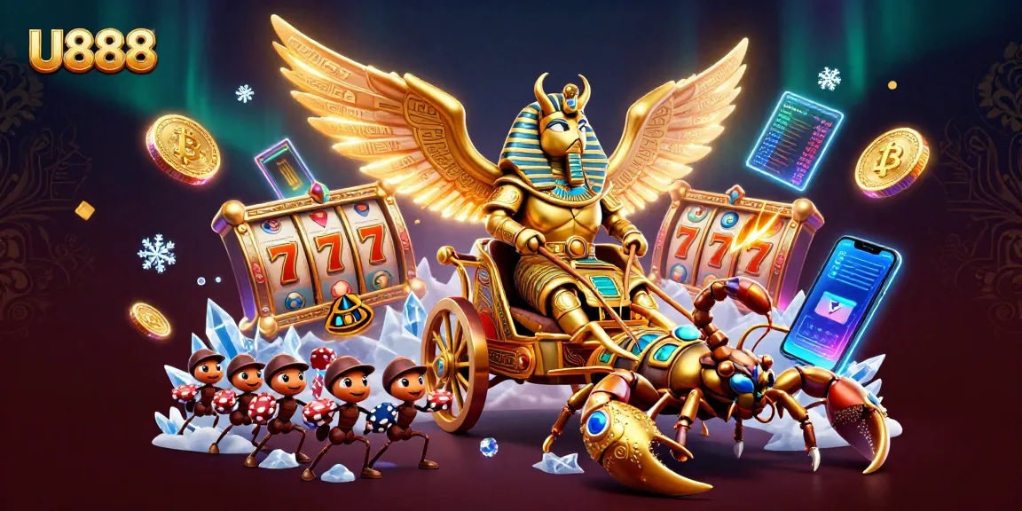 Engage in thrilling casino gameplay with U888 featuring a vibrant 3D illustration of a scarab beetle and poker chips.