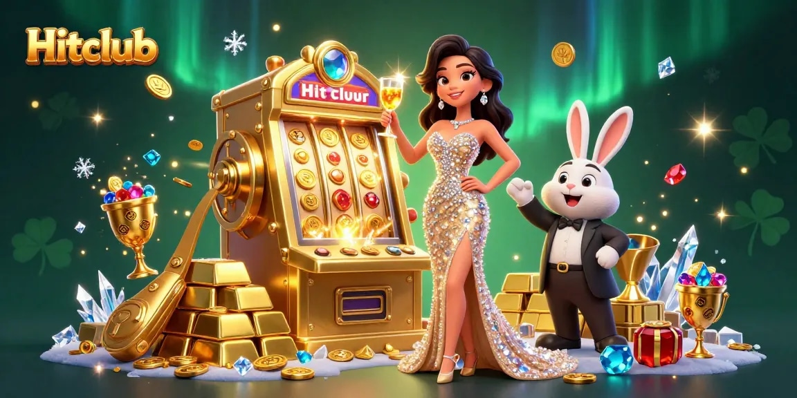 Experience the excitement of Hitclub with a stunning woman celebrating a jackpot amidst vibrant casino elements.