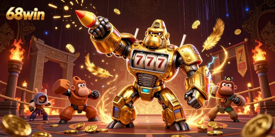 68win showcases a dynamic 3D transformation with a golden mech unleashing coins in a vibrant casino atmosphere.