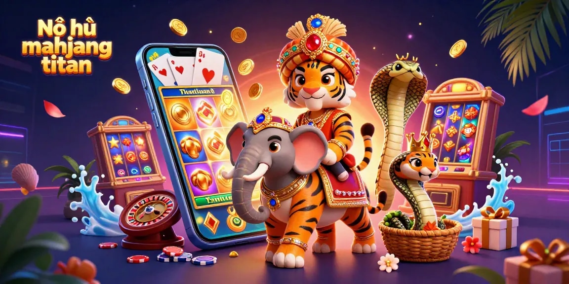 Nổ hũ mahjong titan gains excitement with a vibrant scene featuring a tiger, elephant, and slot game elements.