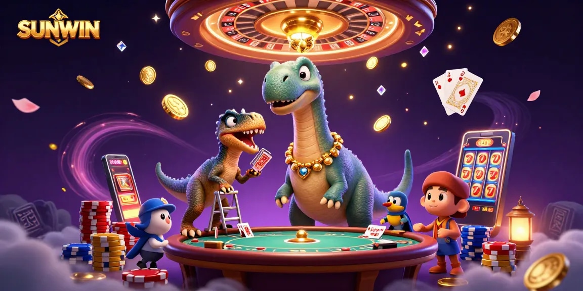 SUNWIN offers an exhilarating scene with a brontosaurus and raptor amidst cascading coins and vibrant casino elements.