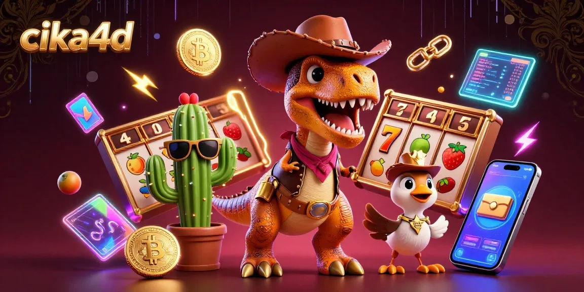 Engage with CIKA4D in a vibrant online casino scene featuring slot games, jackpot counters, and lively characters.