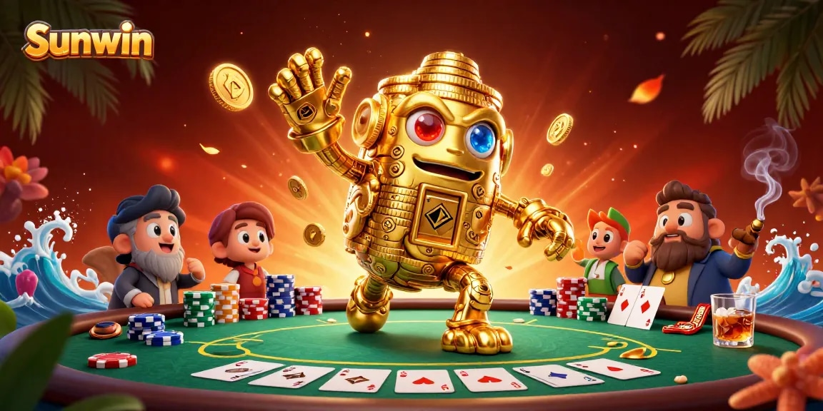 Experience thrilling poker action at Sunwin with a dynamic 3D illustration of a golden golem and poker elements.