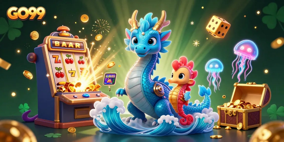 Experience the excitement of GO99 with a vibrant 3D casino scene featuring a water dragon and slot machine.