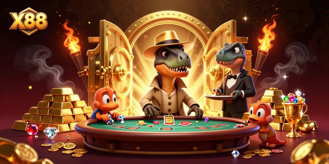 X88 casino scene with a velociraptor card counter, stegosaurus pit boss, and compy pickpocket surrounded by gold.