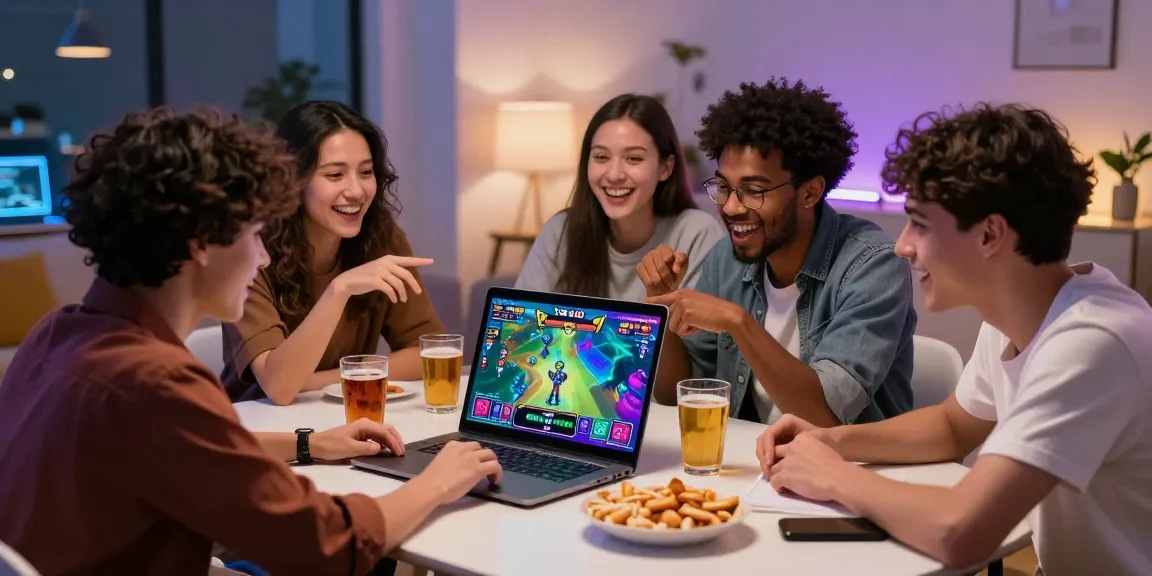 Engaging friends collaborating on strategies for Link Alternatif Togel88 in a lively home setting.