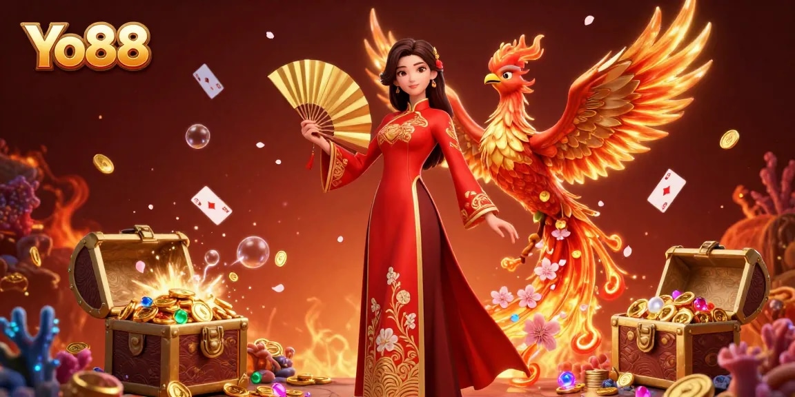 Experience wins at Yo88 with vibrant gaming elements and a striking illustration depicting a lucky scene.