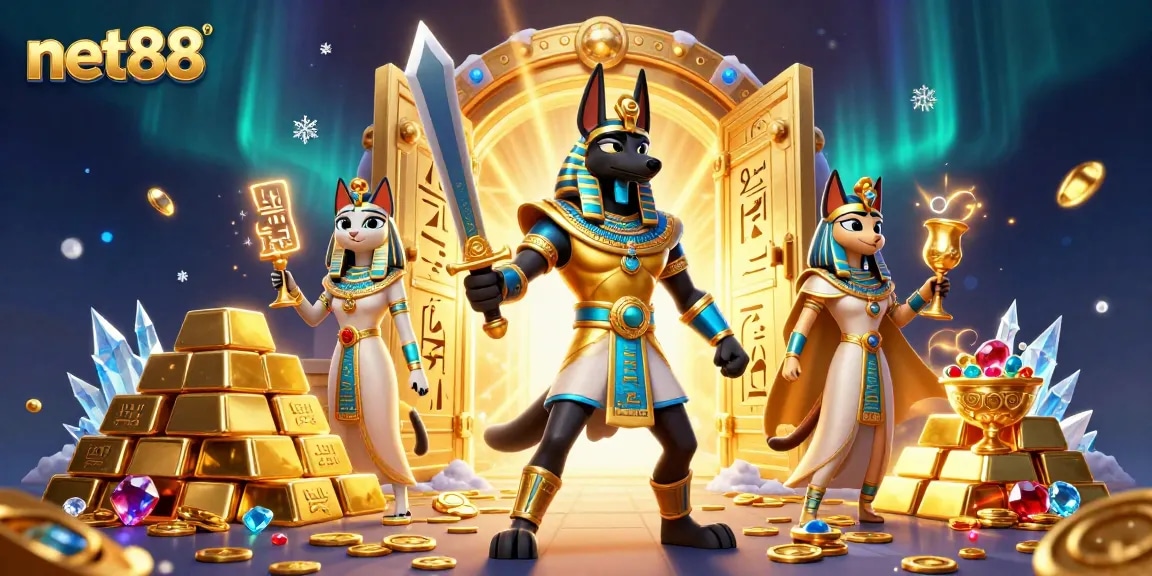 Experience excitement with net88's ancient Egyptian gaming theme, showcasing Anubis and treasures sparkling.