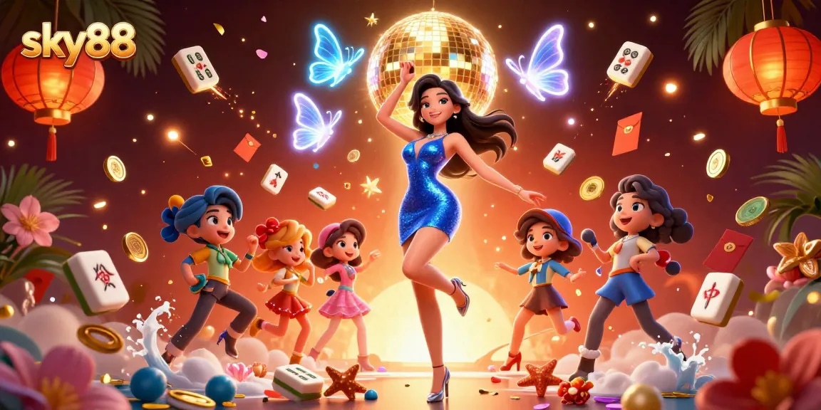 Experience top casino fun at sky88 with a glamorous character amidst vibrant gaming elements.