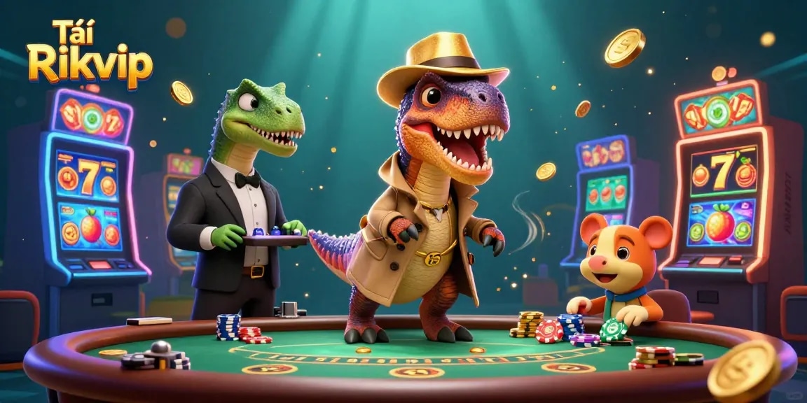 Tải Rikvip showcases a 3D velociraptor card counter and lively casino scene filled with slot elements.