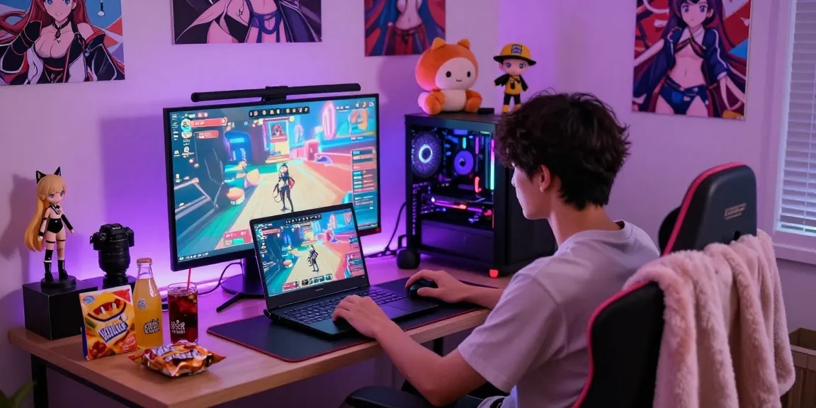 Engaged player enjoying hentai games on a gaming laptop in a cozy bedroom.